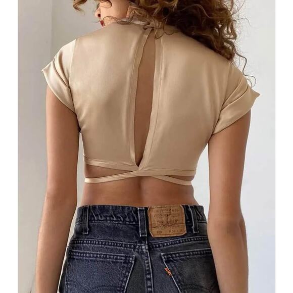 NWT: Women's Lightweight Satin Tie Back Backless Crop Top; boho, glam - Picture 2 of 7